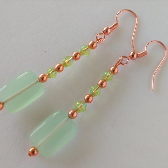 Green Dangle Earrings With Copper Plated Fishhook Wires Handmade 2.5 Inches - Picture 11 of 16